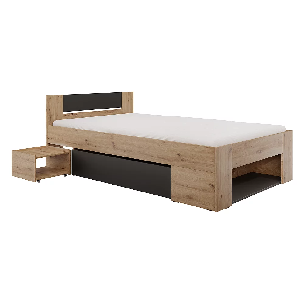 Postel s úložným prostorem, 120x200, dub artisan/antracit, UNIS