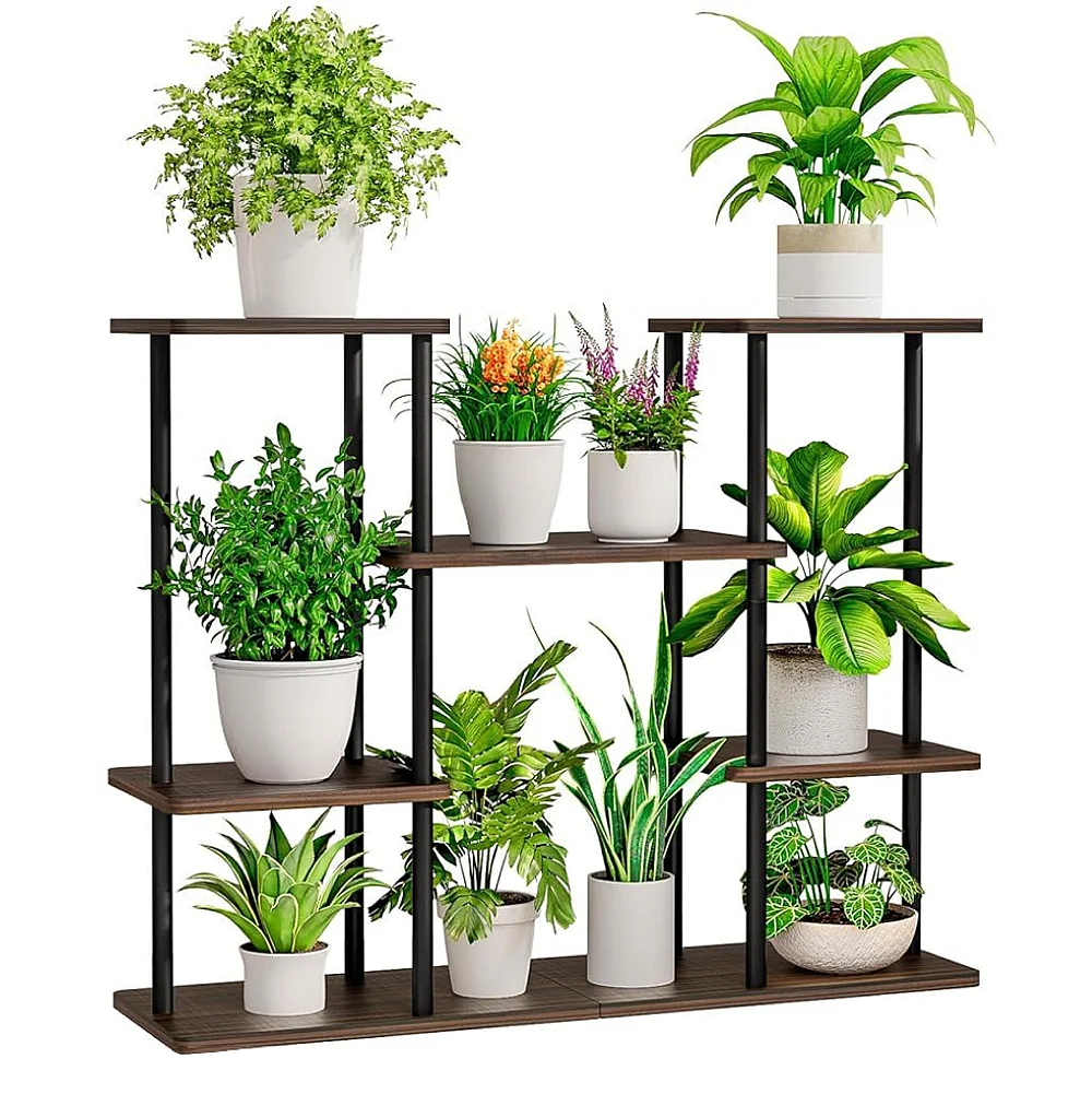 Kovový stojan na květiny, černá/rustikální dřevo, LEDER