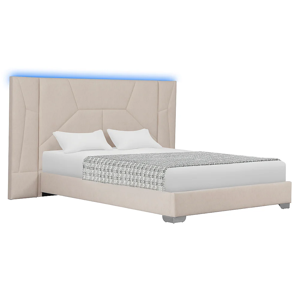 Postel s roštem a LED osvětlením, 160x200, béžová Velvet látka, ALTESA