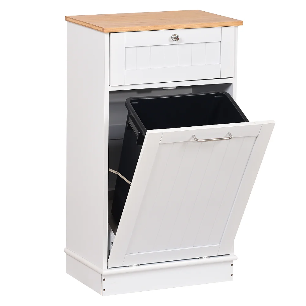 Výklopná skříňka s odpadkovým košem, bílá/bambus, DELINS TYP 1