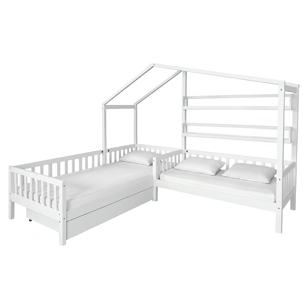 Postel s roštem pro 2 děti, 90x200+70x140 cm, bílá, ENOLA