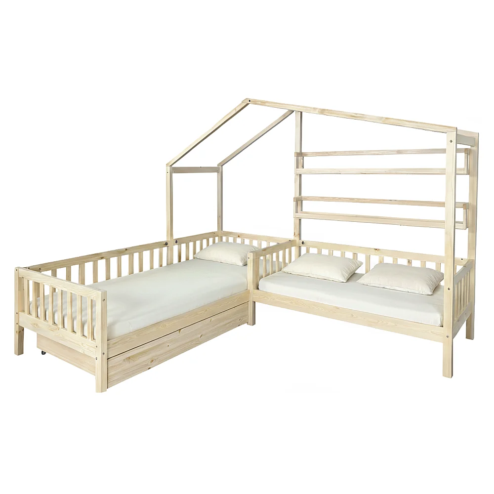 Postel s roštem pro 2 děti, 90x200+70x140 cm, přírodní, ENOLA