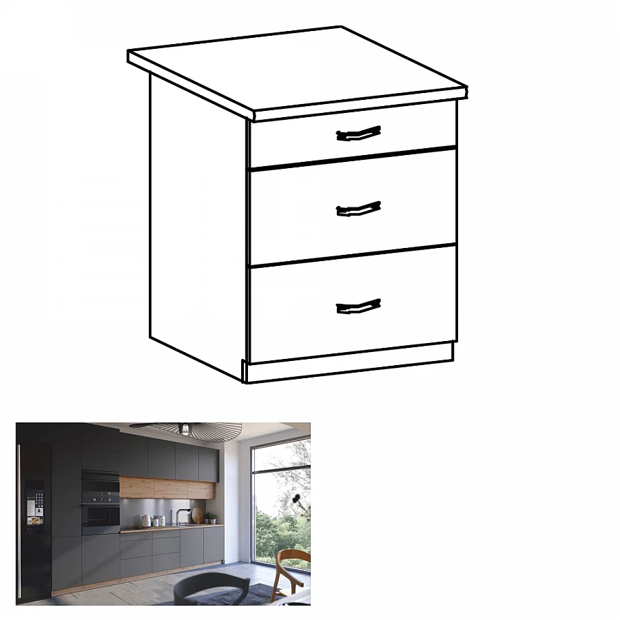 Spodní skříňka, dub artisan/šedý mat, s úchytkami, LANGEN D60S3