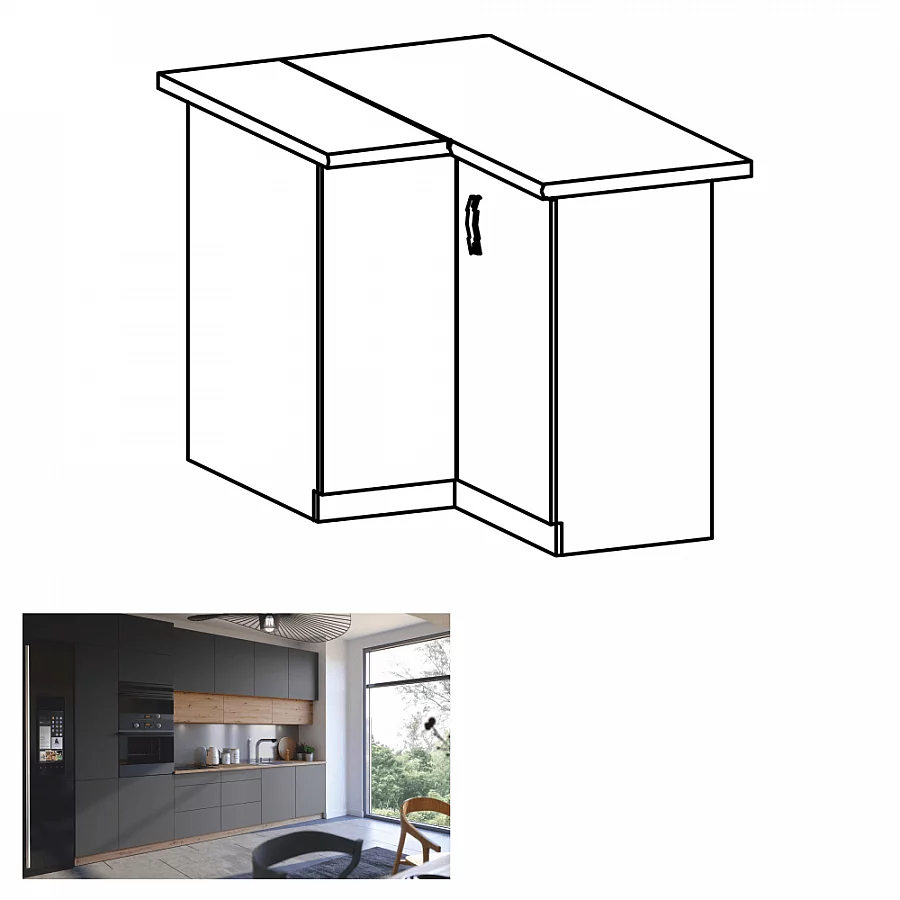 Rohová spodní skříňka, dub artisan/šedý mat, LANGEN D90N