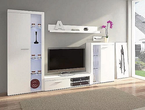 Obývací stěna RUMBA s vitrínami  Bílá matná